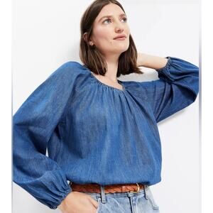 LOFT Chambray Denim Elastic Neck Long Sleeve Cotton Top Prairie Blouse Boho Sz L